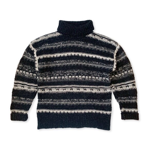 Vintage Giordano Wool Sweater Cowl Neck Striped Black White Fisherman Cozycore - Picture 2 of 11